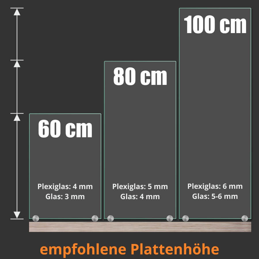 Tischaufsteller 150mm Spuckschutz Plexiglas Glas Platten Ø18 Skizze der möglichen Bauvarianten mit dunklem Hintergrund