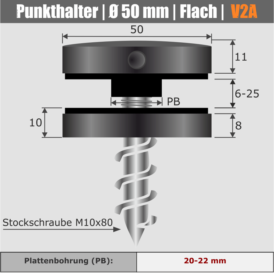 Glas-Punkthalter Edelstahl Ø 50 mm schwarz Skizze mit Maße
