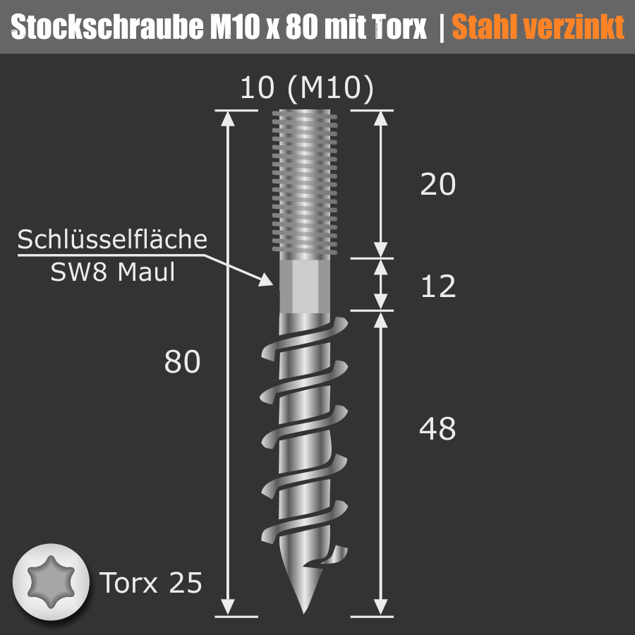 Stockschraube verzinkt mit Schlüsselfläche M10 x 80 mm | Torx 25 Skizze mit Bemaßung auf dunklem Untergrund