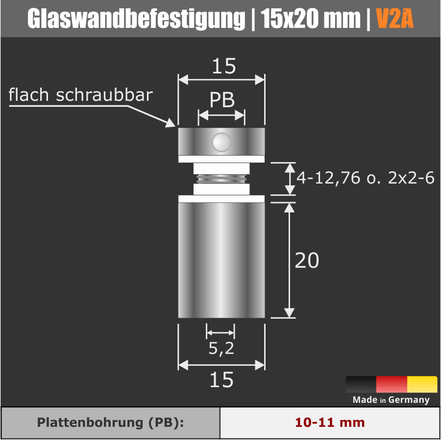 Glasbefestigung V2A technische Zeichnung mit Bemaßung auf dunklem Hintergrund