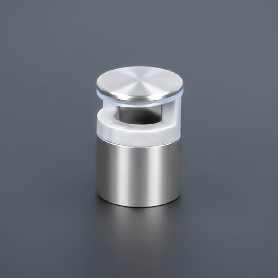 Spiegelhalter Edelstahl Ø: 20 mm stehend mit der 6mm Einlage auf dunklem Untergrund