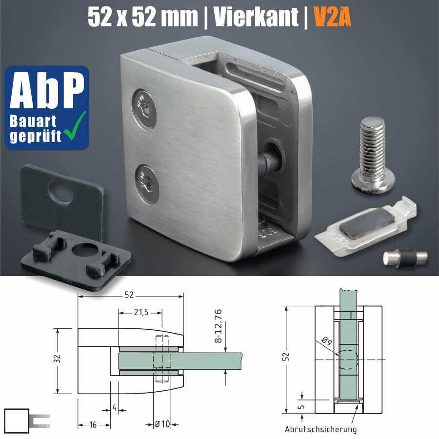 Glashalter 52x52 mm + Sicherung Edelstahl V2A Skizze und Bestandteile