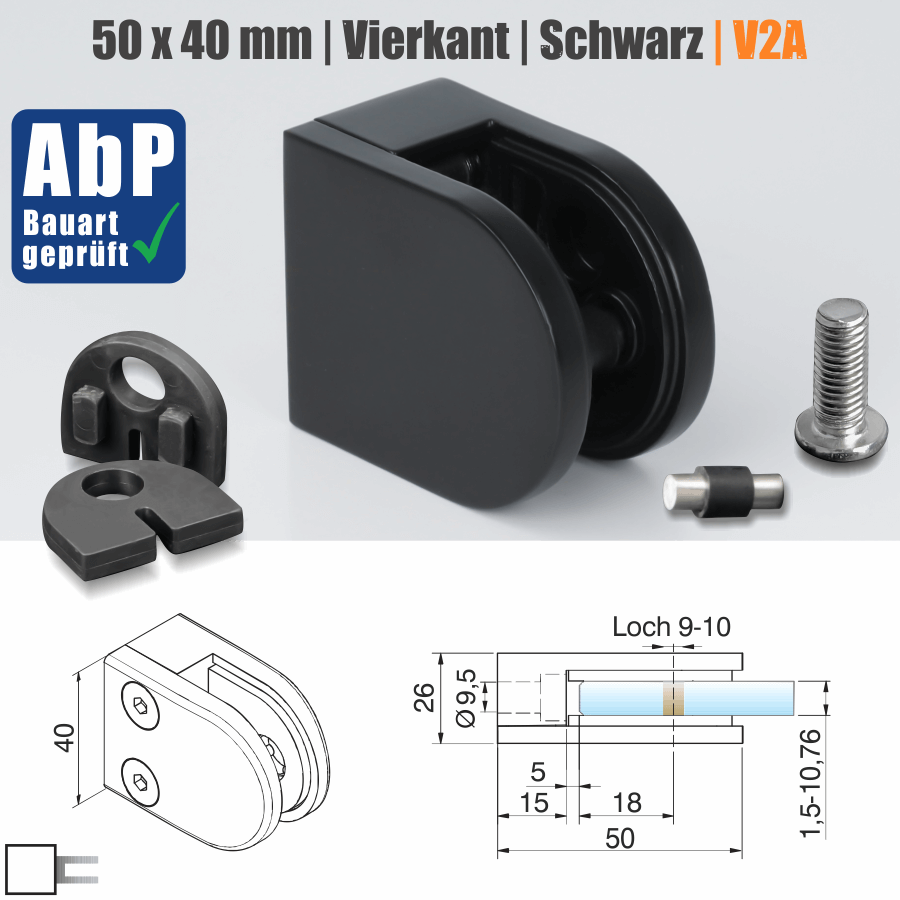 Glashalter Edelstahl V2A 50 x 40 mm schwarz RAL9005 halbrund Skizze mit Maße