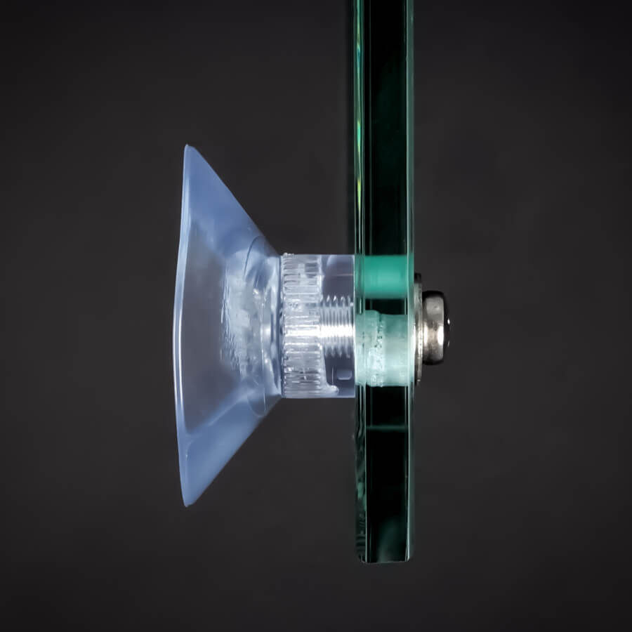 Saugnapf Ø 40mm Innengewinde Anwendungsbeispiel mit Glasplatte vor schwarzen Hintergrund