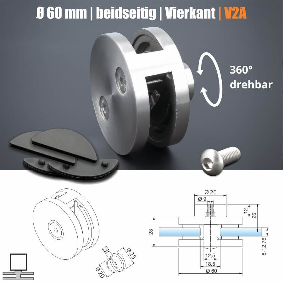 Glashalter Edelstahl rund Ø60mm beidseitig Frontmontage flach Skizze mit Abmessungen