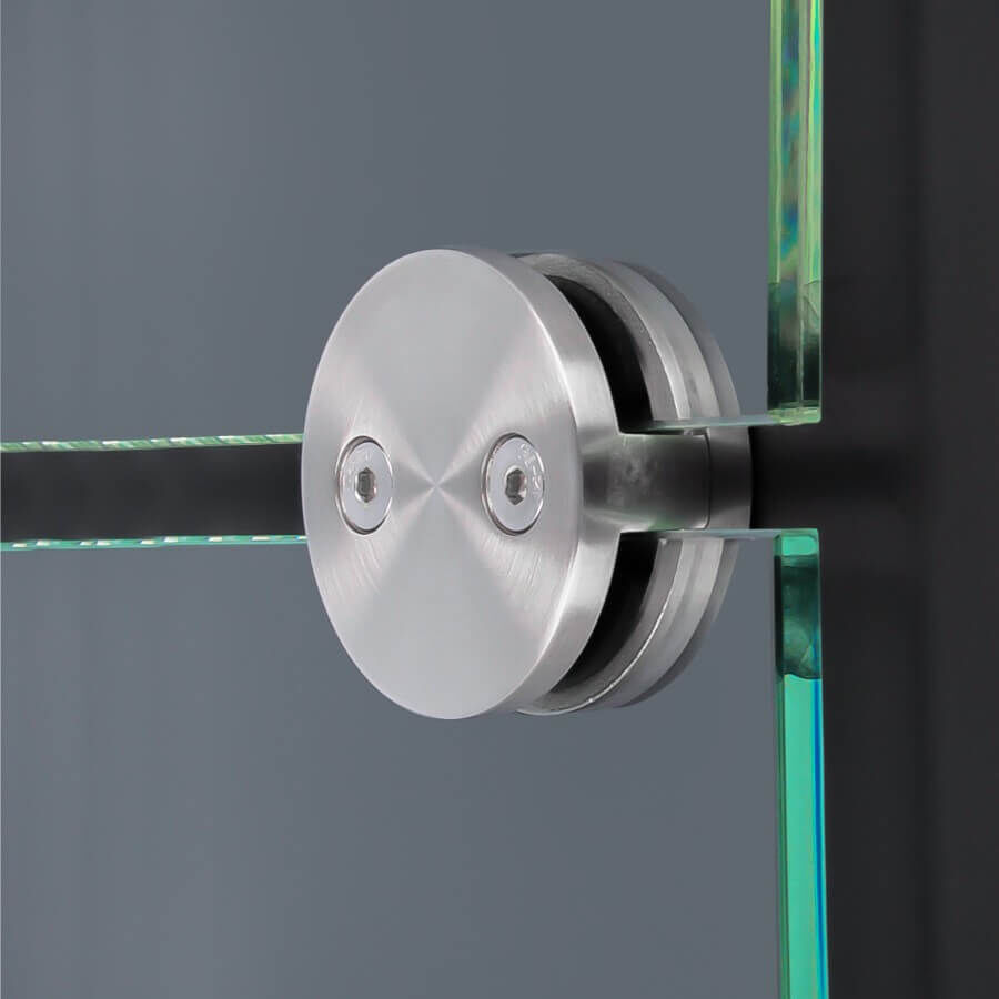 Glashalter Edelstahl rund Ø60mm beidseitig front Wandmontage montiert oben und unten an dunkler Wand
