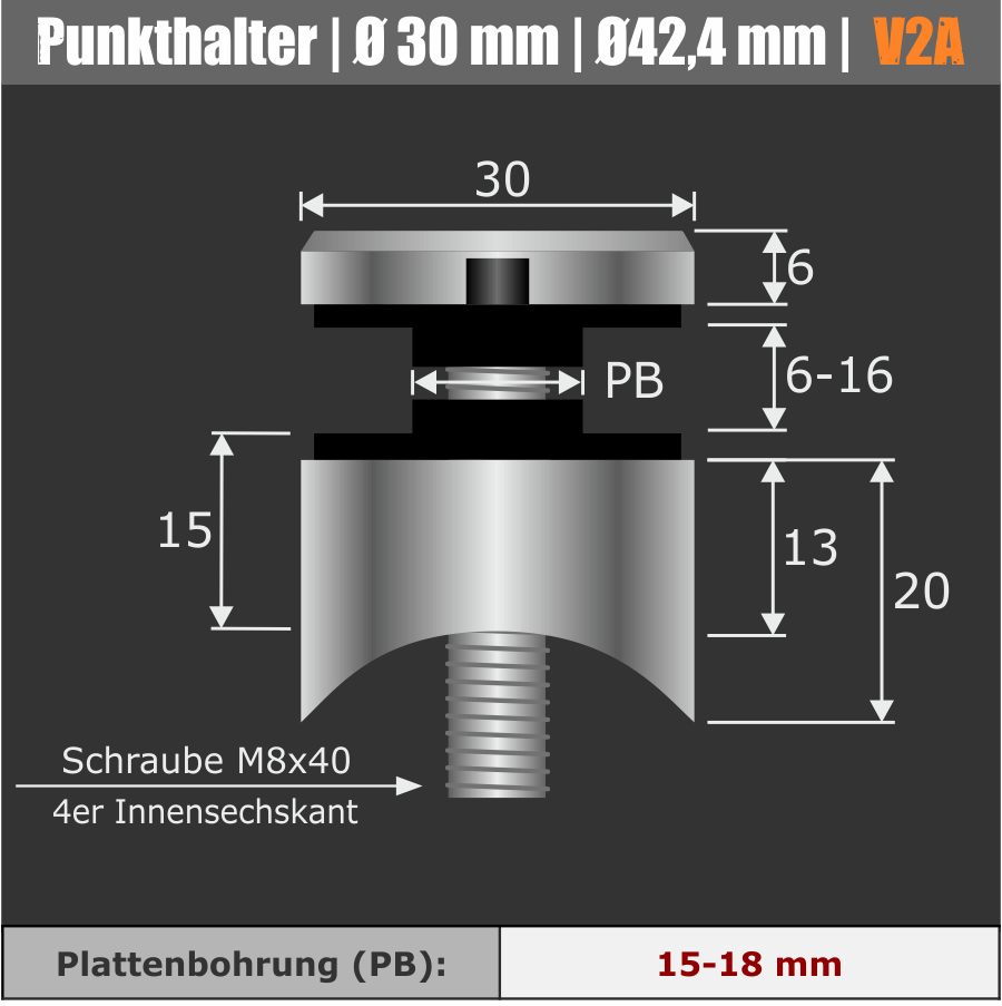 Punktglashalter V2A Skizze mit Bemaßung auf schwarzem Untergrund