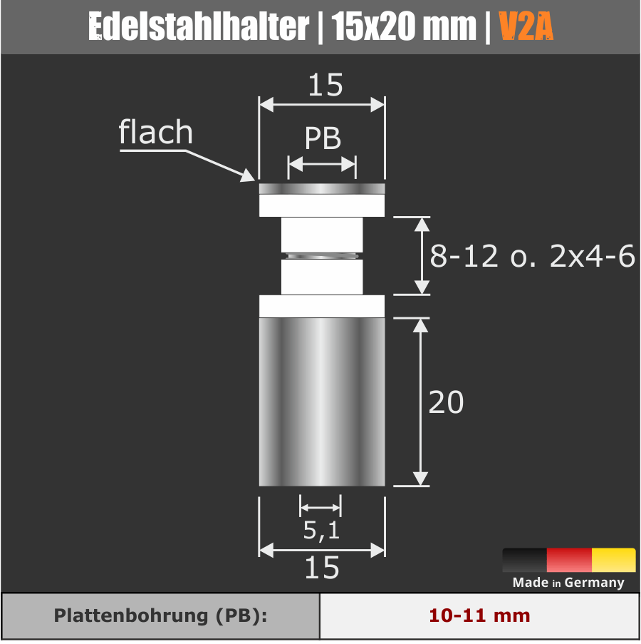 Edelstahlhalter schraubbar Skizze mit Maßen auf dunklem Hintergrund
