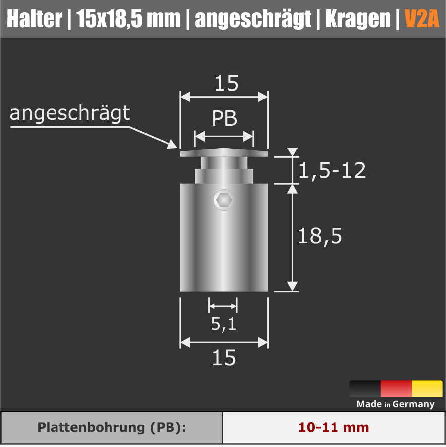Edelstahl Abstandhalter angesch. Kragen Ø 15mm Skizze mit technischen Daten und dunklem Hintergrund
