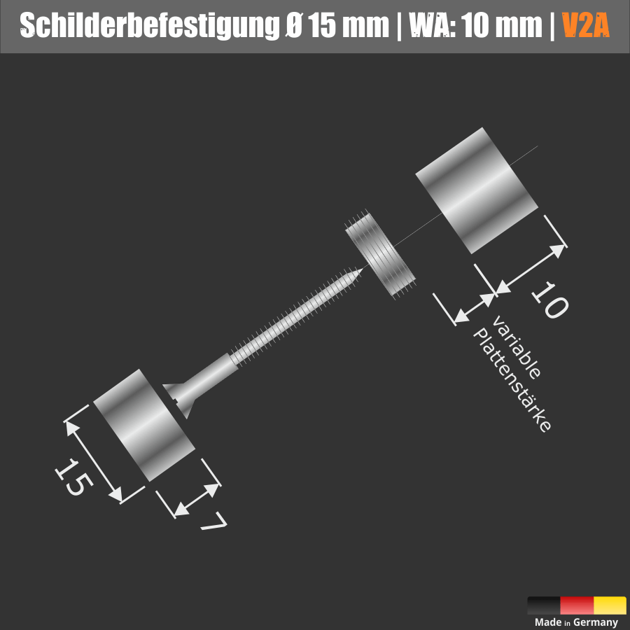 Schilderbefestigung Edelstahl V2A Ø 15x10mm Skizze auf schwarzem Untergrund