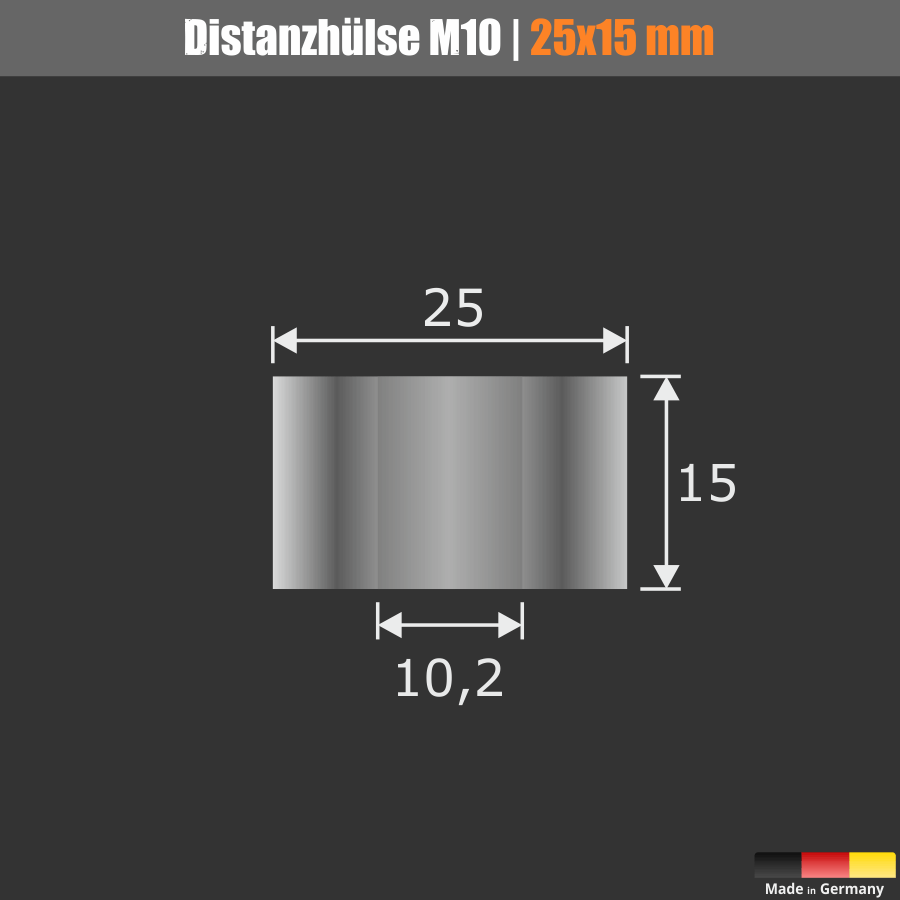 Distanzstück M8 M10 Abstandshalter Edelstahl Ø25mm Skizze mit Maßen mit dunklem Hintergrund
