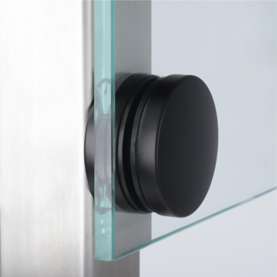 Punkthalter Edelstahl V2A Ø 50 mm schwarz montiert mit Scheibe an Pfosten Punkthalter Edelstahl V2A Ø 50 mm schwarz montiert mit Scheibe an Pfosten