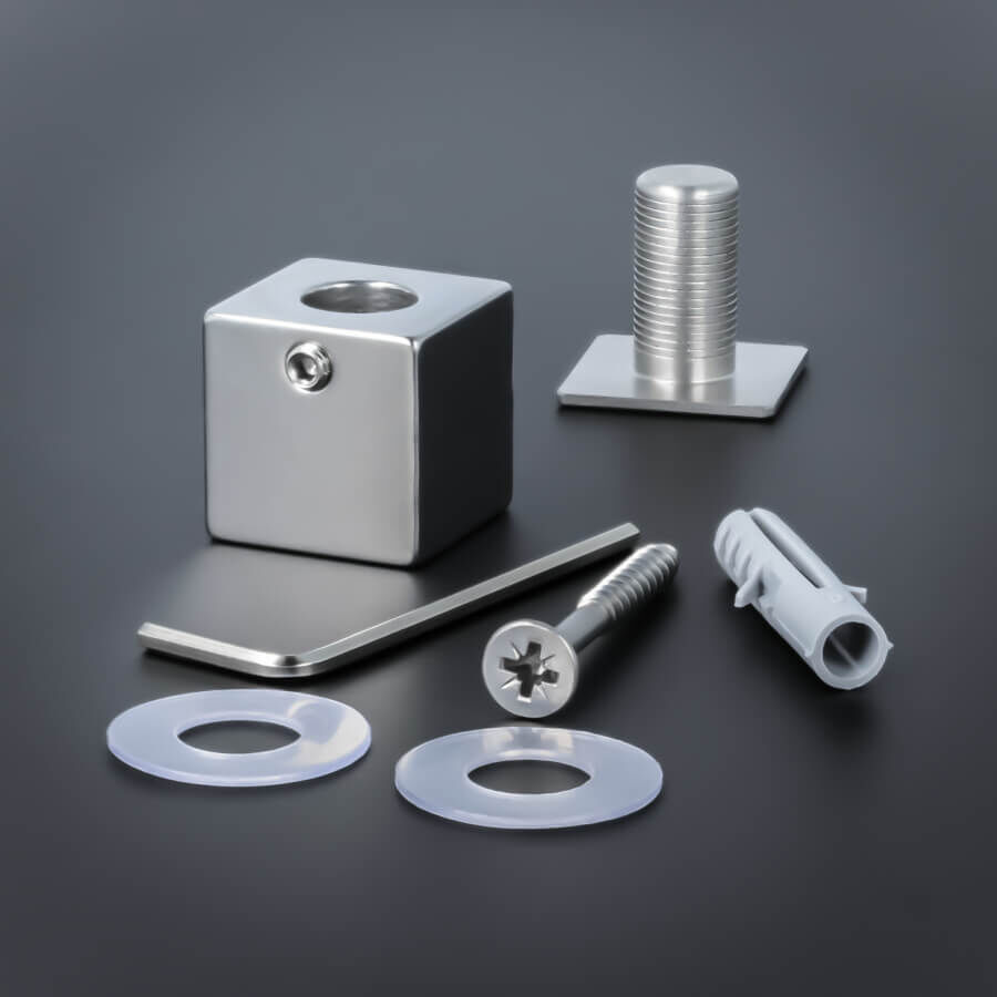 Wandabstandshalter viereckig Edelstahl V2A 25x25mm Lieferumfang auf dunklem Untergrund