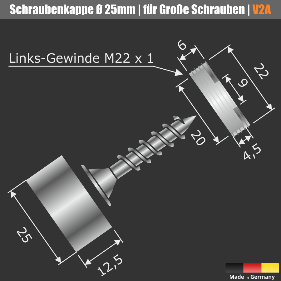 Abdeckkappe für große Schrauben Edelstahl Abmessungen auf schwarzem Untergrund
