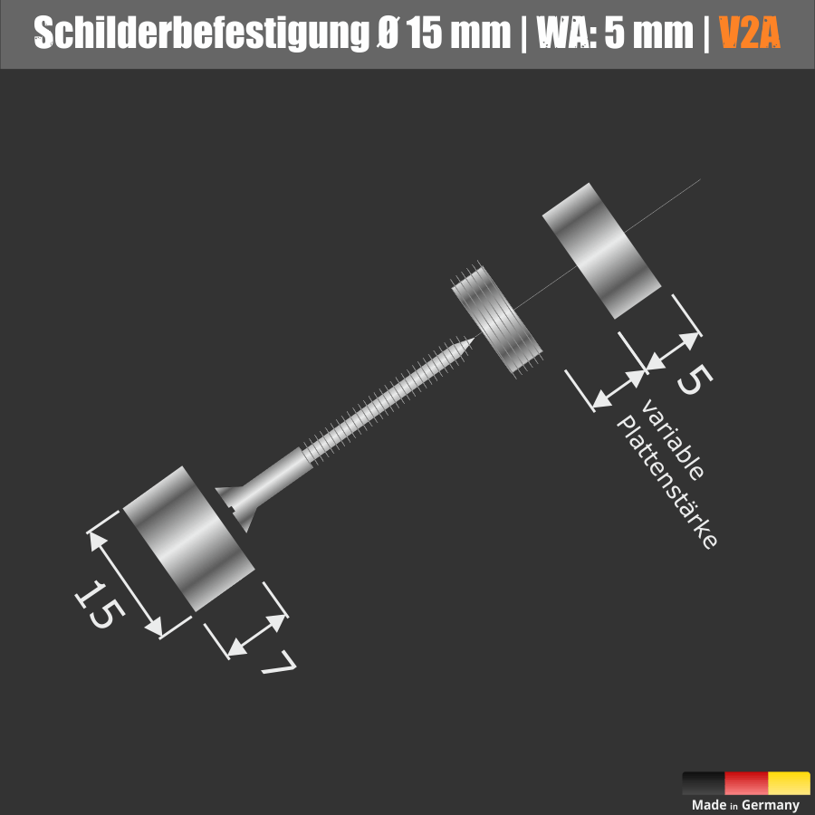 Schilderbefestigung Edelstahl V2A Ø 15x5mm Skizze komplett auf schwarzem Untergrund
