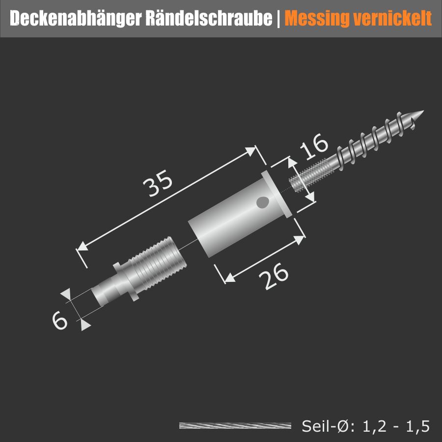 Deckenhalter Messing vern. Ø16 mm Stockschraube Skizze auf schwarzem Untergrund