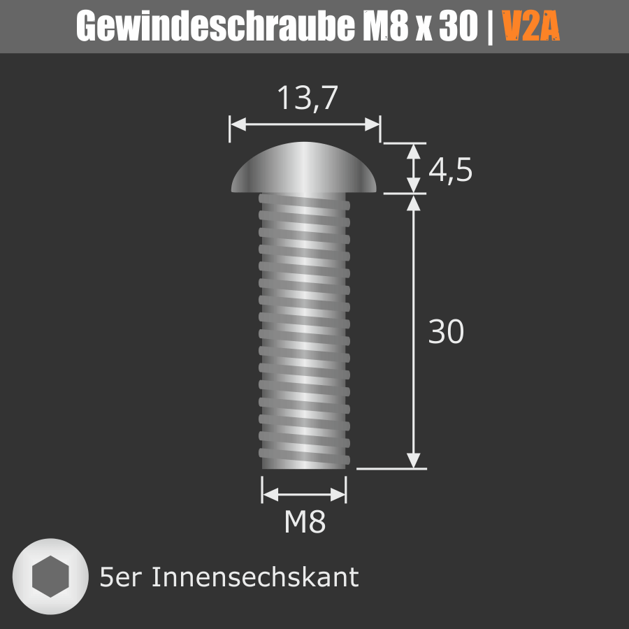 Halbrundschraube Edelstahl A2 M8 x 30 Vollgewinde | Flachrundkopf Skizze mit Maße