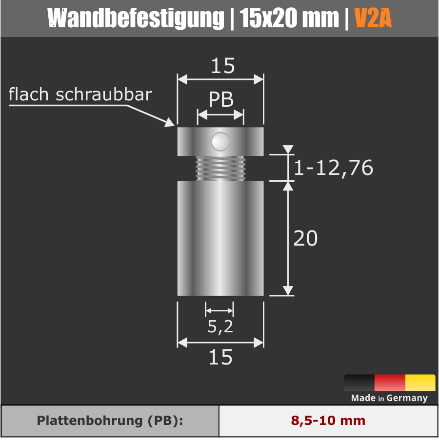 Wandbefestigung zum schrauben Edelstahl Skizze mit Maße auf schwarzem Untergrund