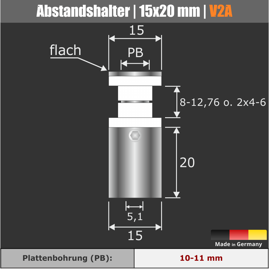 Glashalter Edelstahl V2A technische Zeichnung mit Maßen auf dunklem Hintergrund