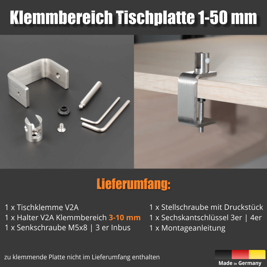 Tischklemme Spuckschutz Plexiglas Lieferumfang und End-Konstruktion nebeneinander abgebildet