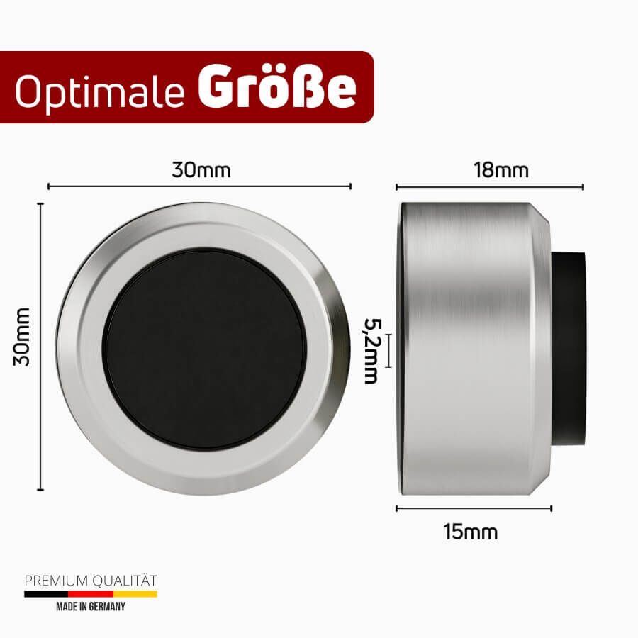 Türstopper Edelstahl Türklinke Wand zum Schrauben Ø30mm Gummi Schwarz Abbildung mit Maßen mit hellem Hintergrund