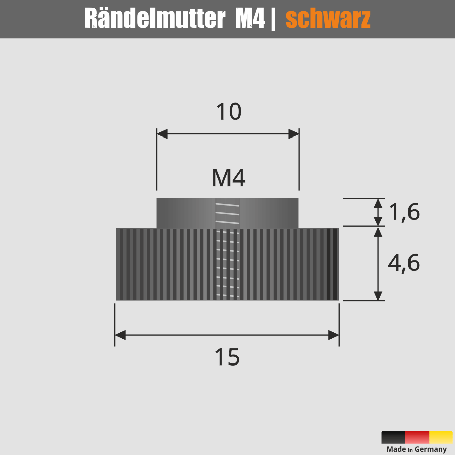 Rändelmutter für M4 Gewinde schwarz Skizze mit Maße