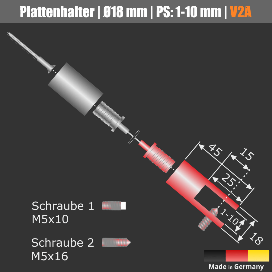 Plattenhalter für Seilbefestigung aus Edelstahl mit Automatik Skizze mit Maßen