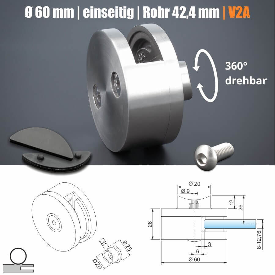 Glashalter Edelstahl rund Ø60mm einseitig front Rohr Ø42,4mm Skizze