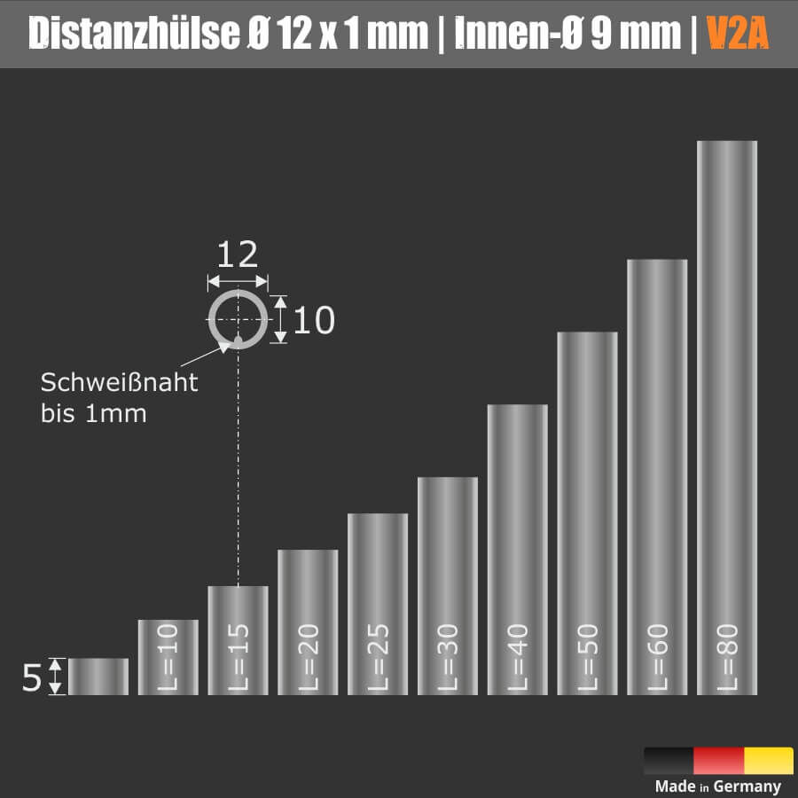 Distanzhülsen Abstandshülsen Edelstahl Ø12 mm L-Ø: 9 mm WA: 23 mm