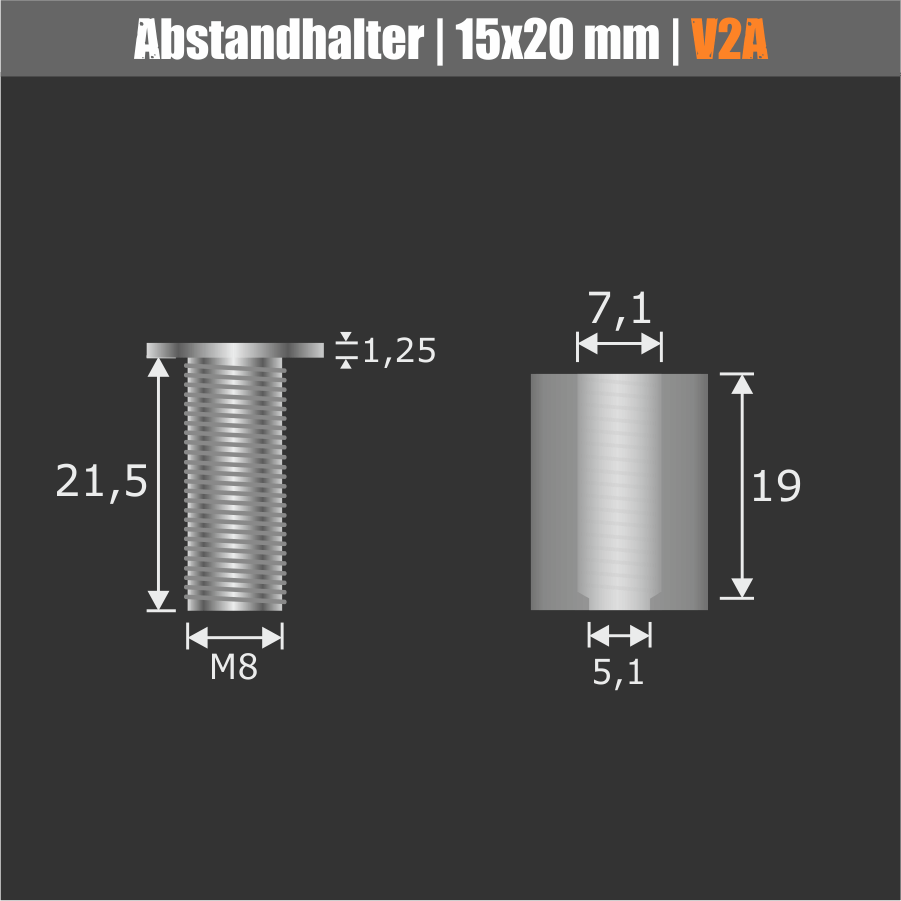 Abstandshalter mit schraubbarem Kopf aus Edelstahl Bemaßung vor einfarbigem grauen Hintergrund