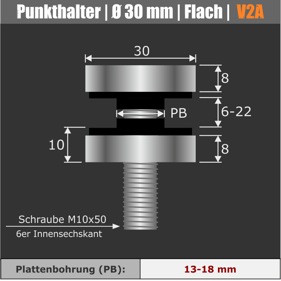 Glaspunkthalter Glashalter Edelstahl Ø30 mm Skizze mit Abmessungen auf schwarzem Untergrund