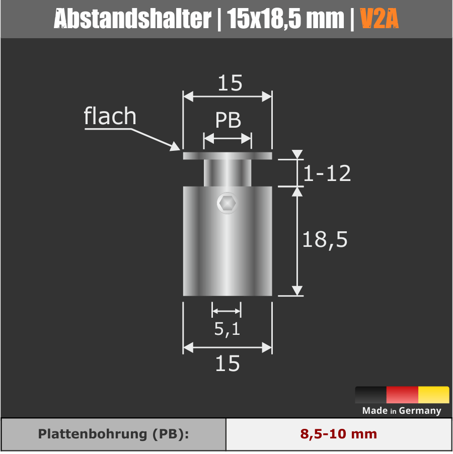 Werbeschildbefestigung Edelstahl V2A Skizze mit Bemaßungen auf schwarzem Untergrund