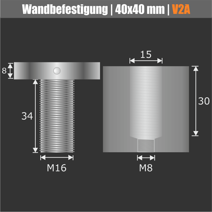 Wandbefestigung schraubbar Edelstahl VA Ø 40 mm Skizze demontiert mit Abmessungen mit schwarzen Hintergrund