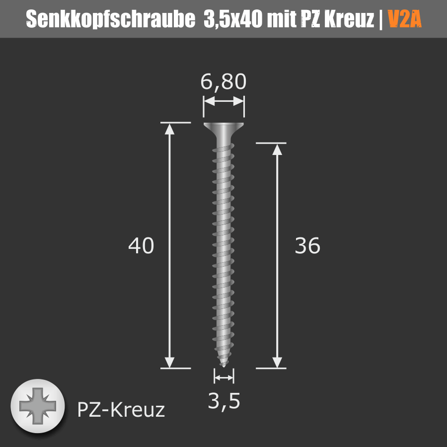 Schraube 3,5x40 mm Edelstahl V2A A2 Senkkopf Vollgewinde | Kreuz Skizze mit Maßen auf dunklem Hintergrund