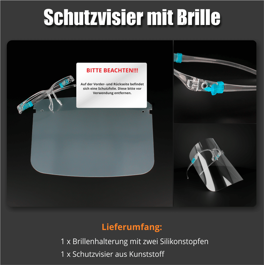 Spuckschutz Gesichts-Visier Antibeschlag mit Brille aus Kunststoff Lieferumfang