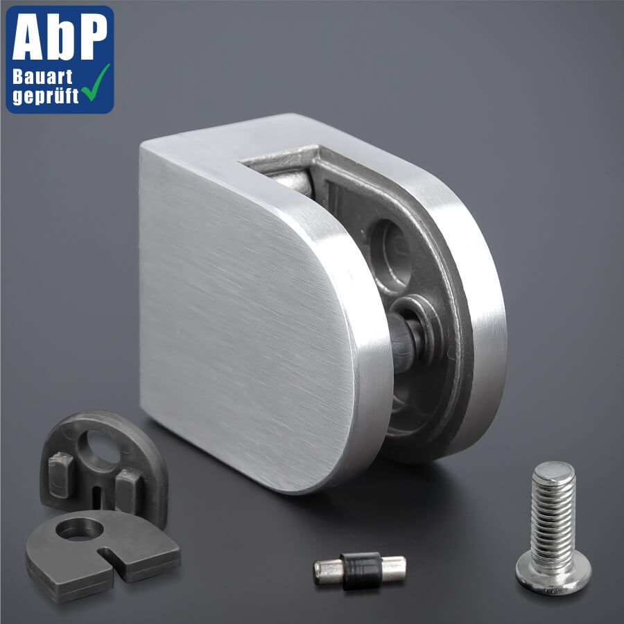 Glashalter Edelstahl V2A halbrund AbP mit Zubehör auf dunklem Untergrund