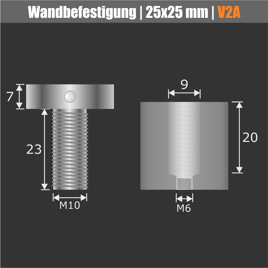 Wandbefestigung für Schilder schraubbar Ø 25 mm Skizze der Bauelemente auf Maßen mit dunklem Hintergrund