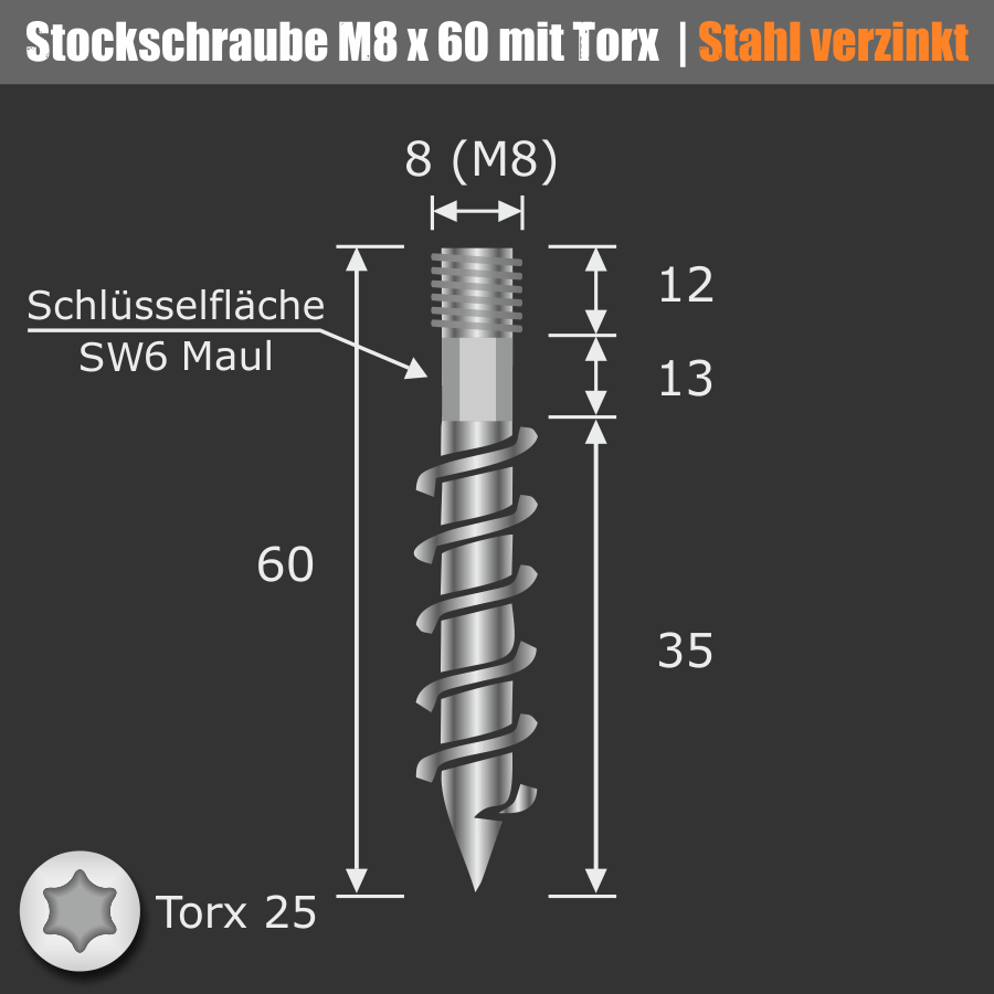 Bemaßungen Skizze für Stockschraube M8 x 60 mm verzinkt 