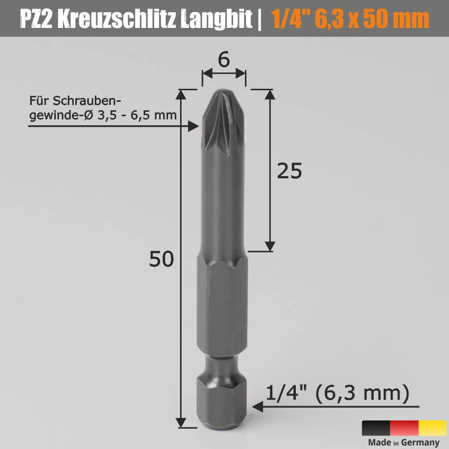 Kreuzschlitz-Bit PZ2 Pozidriv Skizze mit Maßen auf hellem Hintergrund