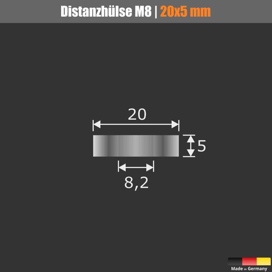Distanzhülse M8 Edelstahl Ø 20 mm Skizze mit Maßen