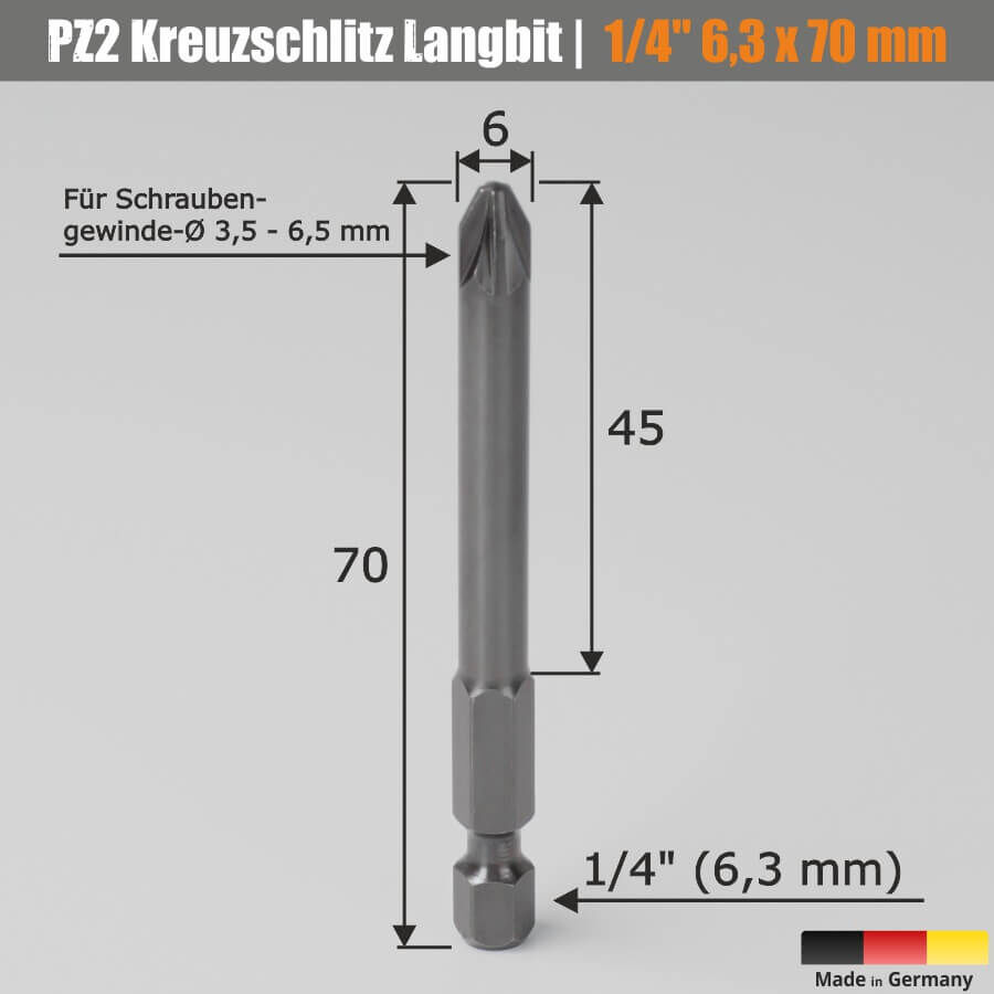 Kreuzschlitz-Bit Skizze mit Maßen auf hellem Hintergrund