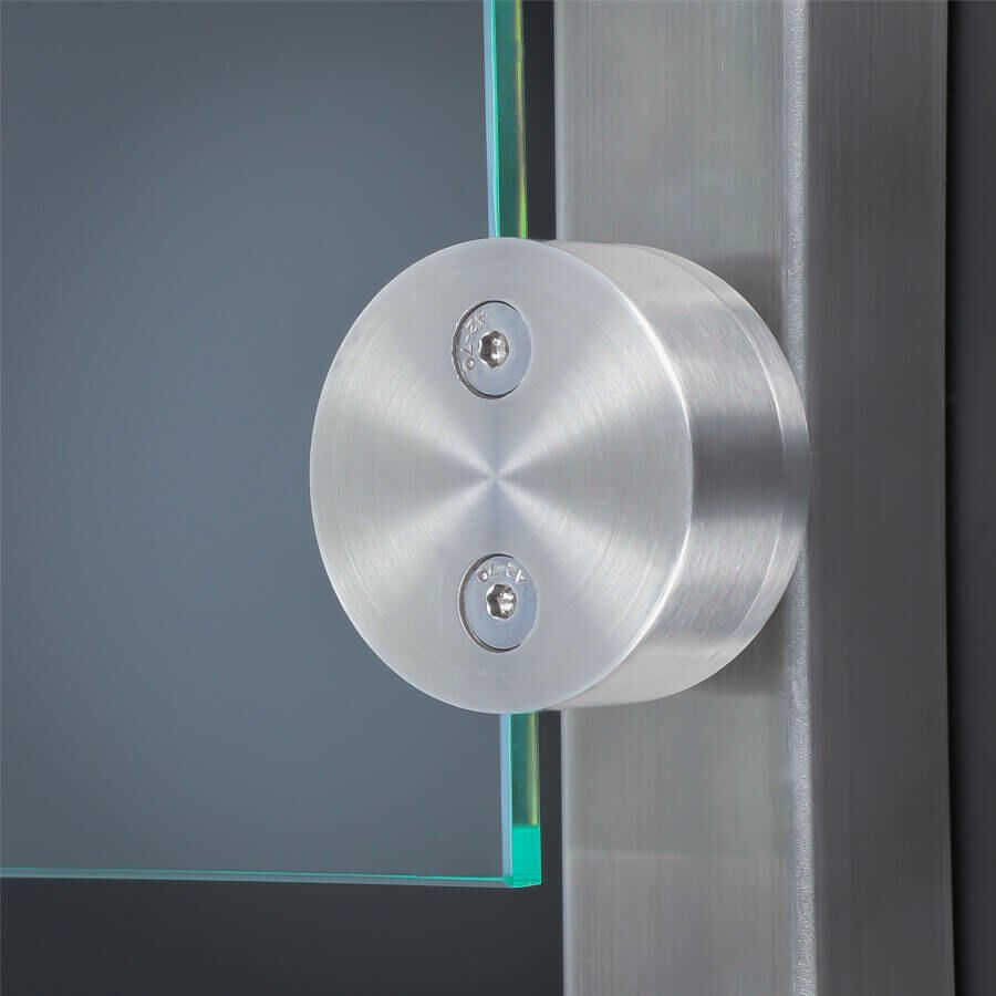 Glashalter Edelstahl rund Ø60mm einseitig Frontmontage flach montiert an Pfosten mit Scheibe