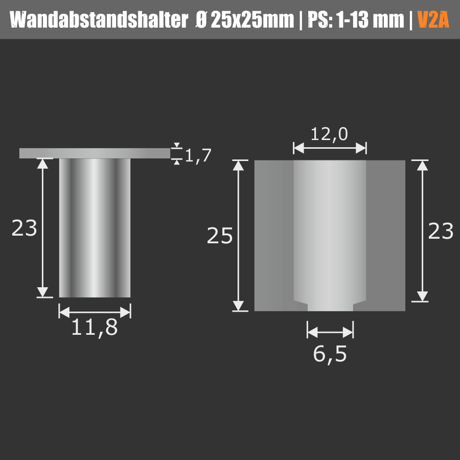 Wandabstandshalter viereckig Edelstahl V2A 25x25mm Zeichnung mit Abmessungen mit schwarzen Hintergrund