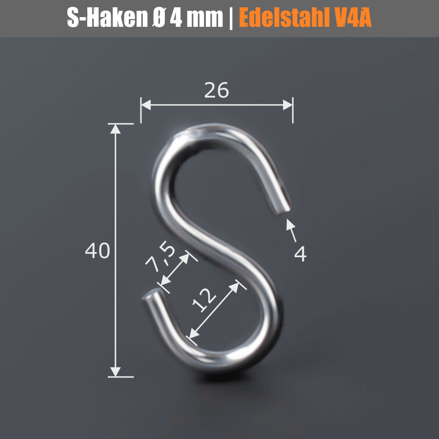 S-Haken Ø 4 mm Skizze mit Maßen auf dunklem Hintergrund
