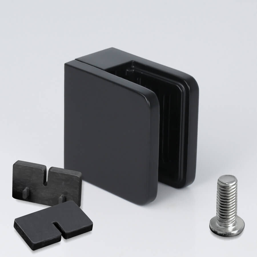 Glasklemmhalter Edelstahl eckig 45 x 45 mm schwarz RAL9005 auf hellen Untergrund mit Zubehör