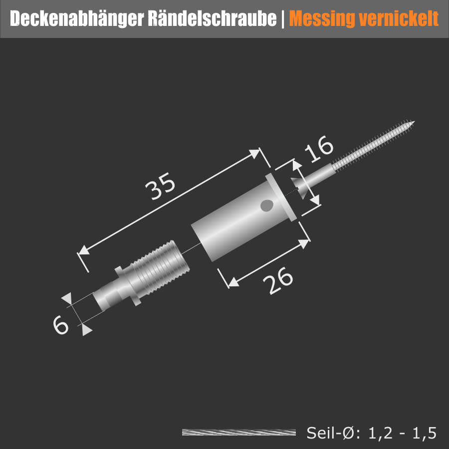 Cable Blocker Abhänger Messing vern. Ø 16mm Bestandteile auf dunklem Untergrund Skizze mit Maße auf schwarzem Hintergrund