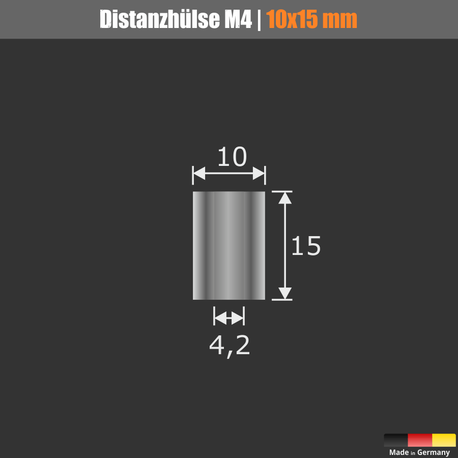 Distanz-Hülse M4 Messing glanz verchromt Skizze mit Maßen