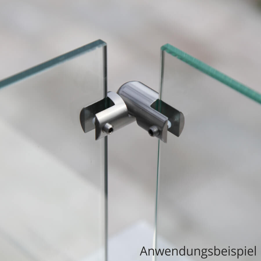 Eckverbinder 90-180 Grad Edelstahl Plattenverbinder Anwendungsbeispiel Verbindung von zwei Glasplatten an einer Feuerstelle