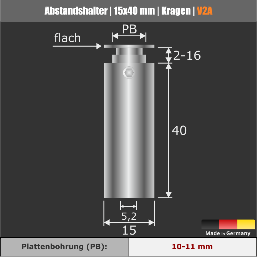 Abstandhalter Edelstahl Ø 15x40 mm technische Skizze mit Maßen auf dunklem Hintergrund
