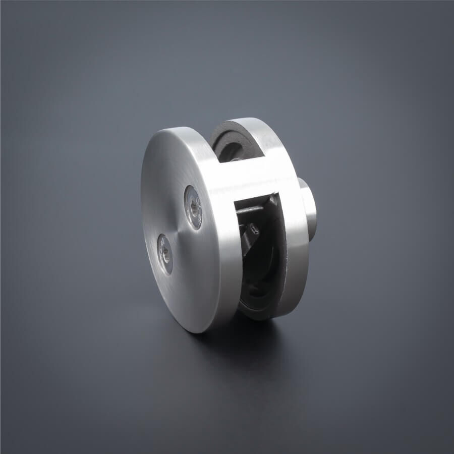 Glashalter Edelstahl rund Ø60mm beidseitig Frontmontage flach auf dunklem Untergrund